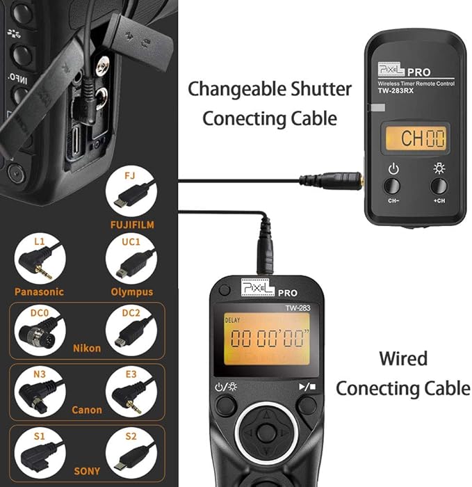 Wireless Remote Shutter Compatible for Sony PIXEL TW-283 S2 Wired Timer Remote Control Compatible for Sony A99II, A77II, A58, A68, A7, A7II, A7R, A7RII, A7S, A7SII, A3000, A5100, A5000 A6000