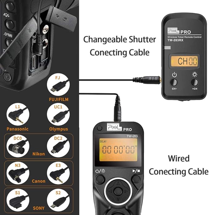 Pixel TW-283 E3 Wireless Shutter Release Remote Control Compatible for Canon Eos R6 R8 RP XT XTi XS XSi T1i T2i T3 T3i T4i T5 T5i T6i T7i T8i 1300D 1100D 1000D 550D 500D 450D 400D 350D 300D 90D