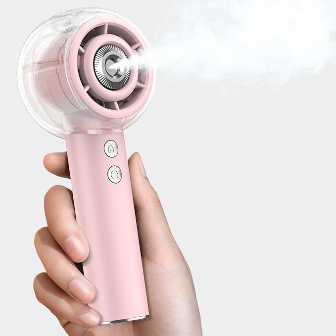 Misting Portable Handheld Fan, Powerful Turbo Motor, 6000mAh Rechargeable Battery, Personal Mini Fans with 4 Strong Wind, Cooling Gadgets for Travel, Camping, Beach, Outdoor, Gifts for Women Men-Pink