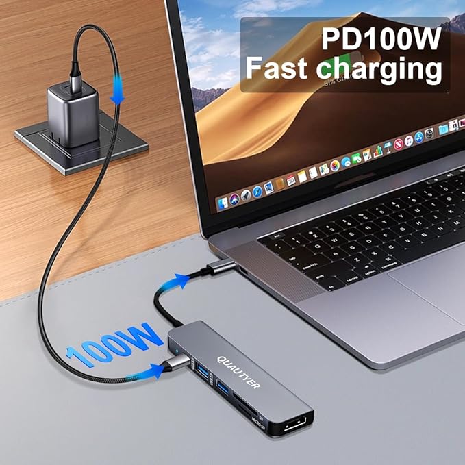 USB C Hub Multiport Adapter Dongle for MacBook Air 6 in 1 USB C to HDMI Multiport Adapter with 4K HDMI, 100W PD, USB 3.0, SD/TF Card Reader MacBook hdmi Adapter for MacBook Air/Pro, iPad, Dell XPS