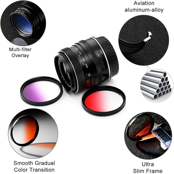 49mm Graduated Color Filters Kit 9 Pieces Gradual Colour Lens Filter Kit Set Accessory for Canon Nikon Sony Pentax Olympus Fuji DSLR Camera + Lens Filter Pouch +Lens Cleaning Cloth