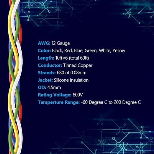 Fermerry 12 AWG Stranded Wire Spool 10ft Each 6 Colors Flexible 12 Gauge Silicone Hook up Wire Kit Electrical Tinned Copper Wire