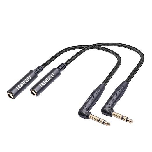 HUAELU 2Pack 1FT Right Angle Audio Cable, Male to Female, 6.35mm TRS Stereo to 1/4 Female Stereo Headphone Guitar Extension Cable Cord for Amplifiers