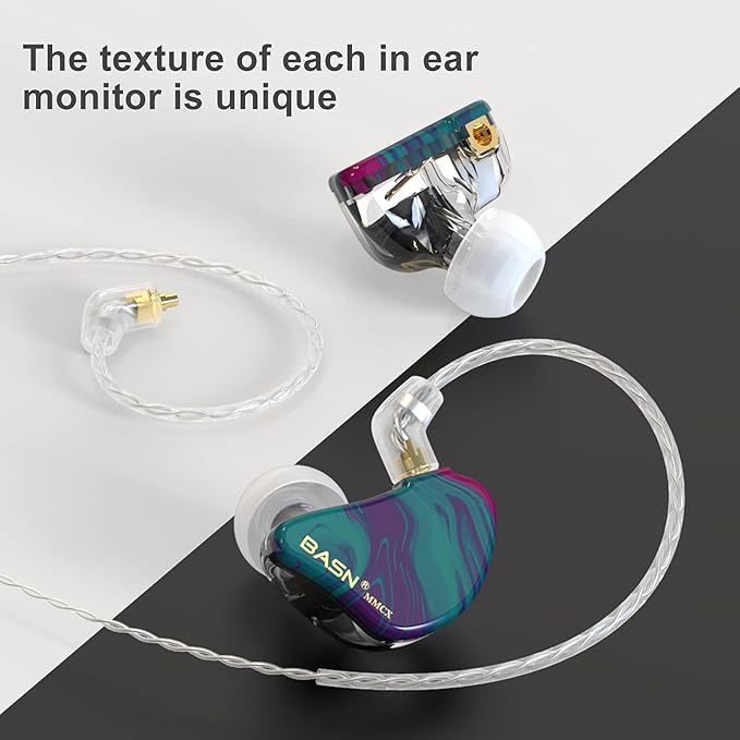 BASN MMCX Triple Driver in-Ear Monitors with Rich Bass, HiFi Stereo IEM Earphones with Upgraded Detachable Cables for Audiophiles Musicians (Purple Aurora)