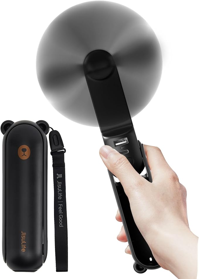 JISULIFE Handheld Fan with 4500 mAh Powerbank Max 37 Hours Runtime, Pocket Portable Battery Operated or USB Powered Folding Personal Fan, 3 Speeds, Gifts for Women Men Kids Gift for Festival-Black