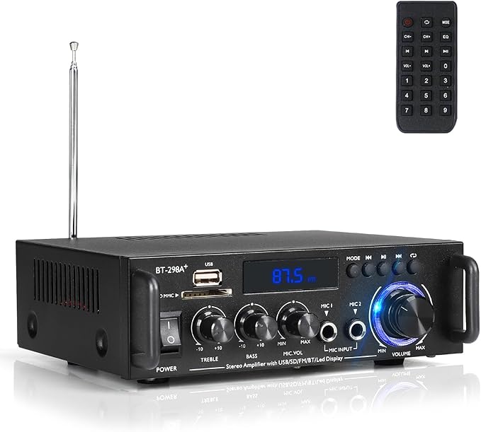 Stereo Audio Amplifier, 300W Home 2 Channel Wireless Bluetooth 5.0 Power Amplifier System, Home Amplifiers FM Radio, USB, SD Card, with Remote Control Home Theater Audio Stereo System