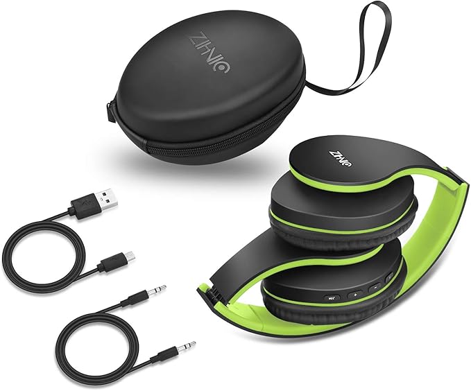 ZIHNIC Bluetooth Headphones Over-Ear, Foldable Wireless and Wired Stereo Headset Micro SD/TF, FM for Cell Phone,PC,Soft Earmuffs &Light Weight for Prolonged Wearing(Black/Green)
