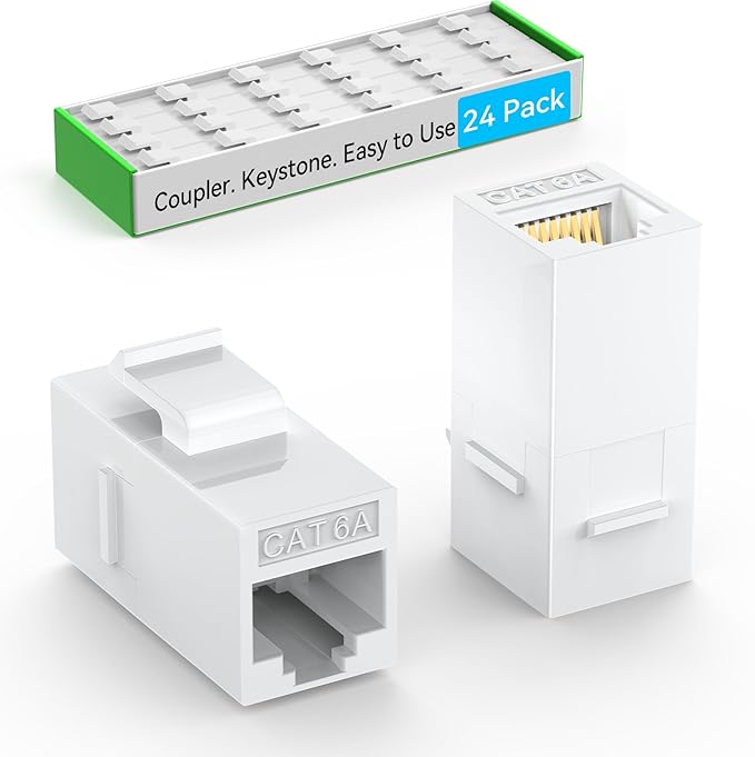 CAT6A RJ45 Keystone Coupler (24 Pack), Cat6 Keystone Jack Female to Female, Cat 6a Inline Keystone Jacks for Wall Plate & Patch Panel, RJ45 Ethernet Coupler White