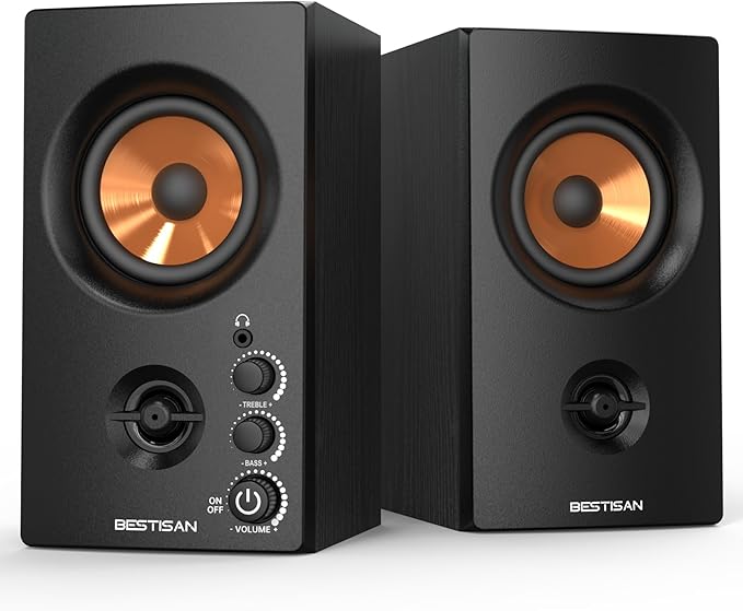 BESTISAN Active Bookshelf Speakers, 50W BT Home Speakers, 3’’ Woofer, 1’’ Silk Dome Tweeter PC Speakers, RCA Speakers for Desktop/Turntable/TV, Bass & Treble Adjustable, Headphone Port for Gaming