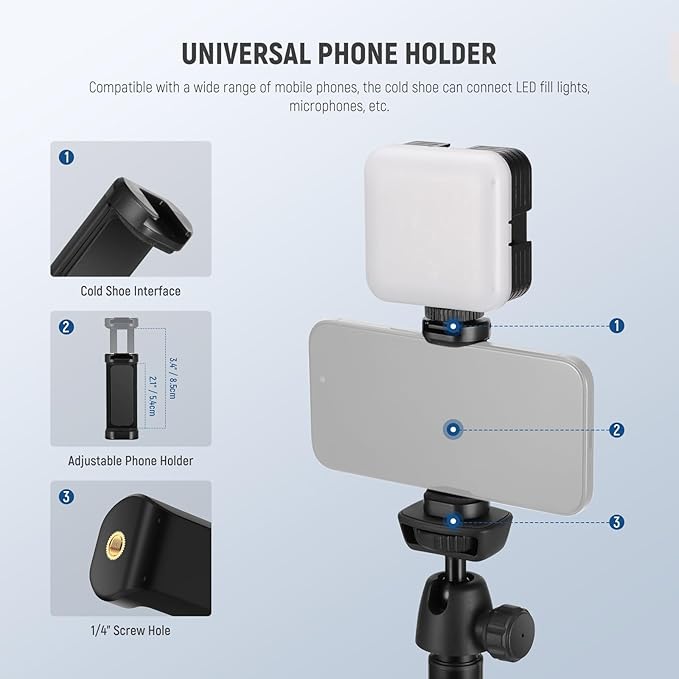 NEEWER Tripod for Cell Phone & Camera with Remote & Phone Holder Compatible with iPhone GoPro Canon Sony DSLR, 62.9" All Metal Portable Selfie Stick Travel Vlog Stand for Video Recording, TS05