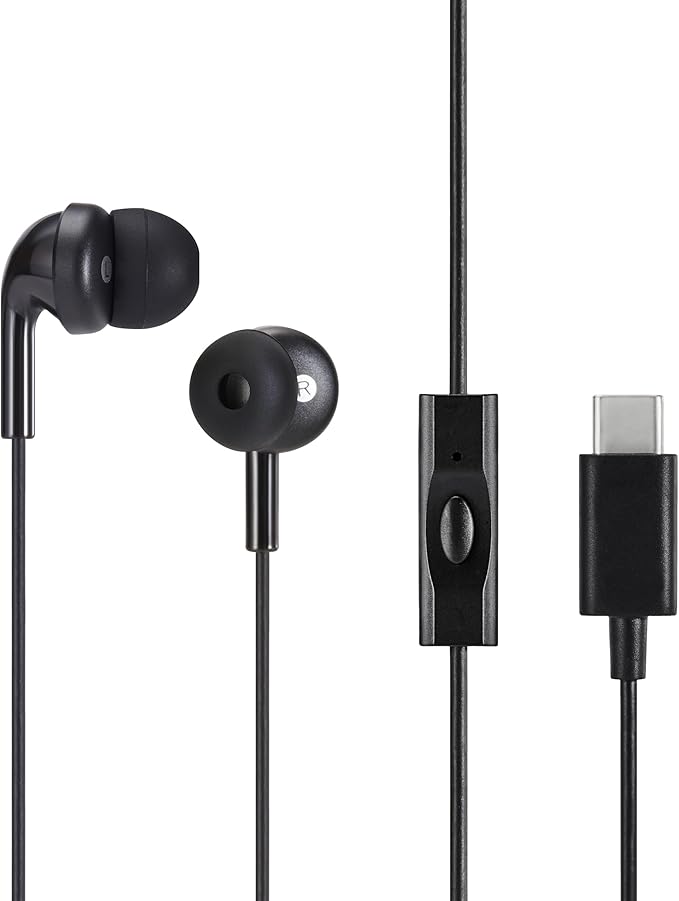 Amazon Basics Wired Earbuds with Microphone, In Ear Headphones, USB-C, 4.2 ft long cable, S/M/L Ear Tips, One size, Black