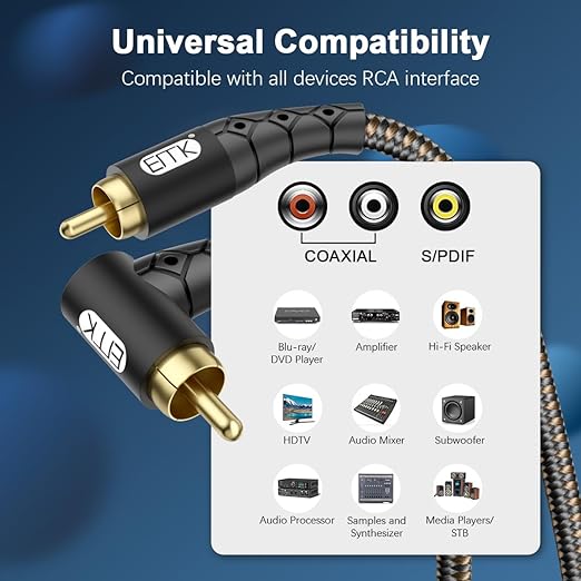EMK 90 Degree RCA Subwoofer Cable 24K Gold-Plated Connector Nylon Braided Double Shielded – Support Digital & Analog Signals for Amplifier, Home Theater, Hi-Fi System,Subwoofer Black/6.6ft/2m