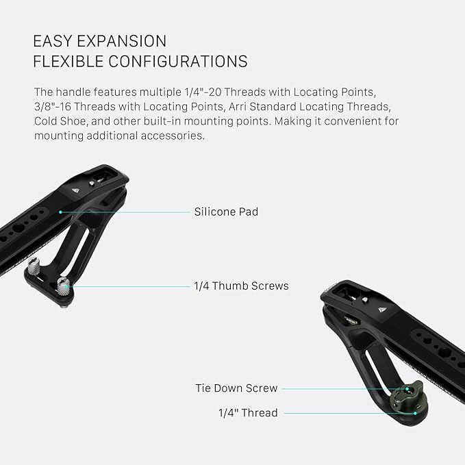 Tilta Xeno Top Handle for Filmmakers & Cameras - Black | Aluminum Alloy and Silicone Build | 1/4″-20 and 3/8″-16 Threads w/Locating Points | Safety Release Pin | Comfortable Handling (NATO)