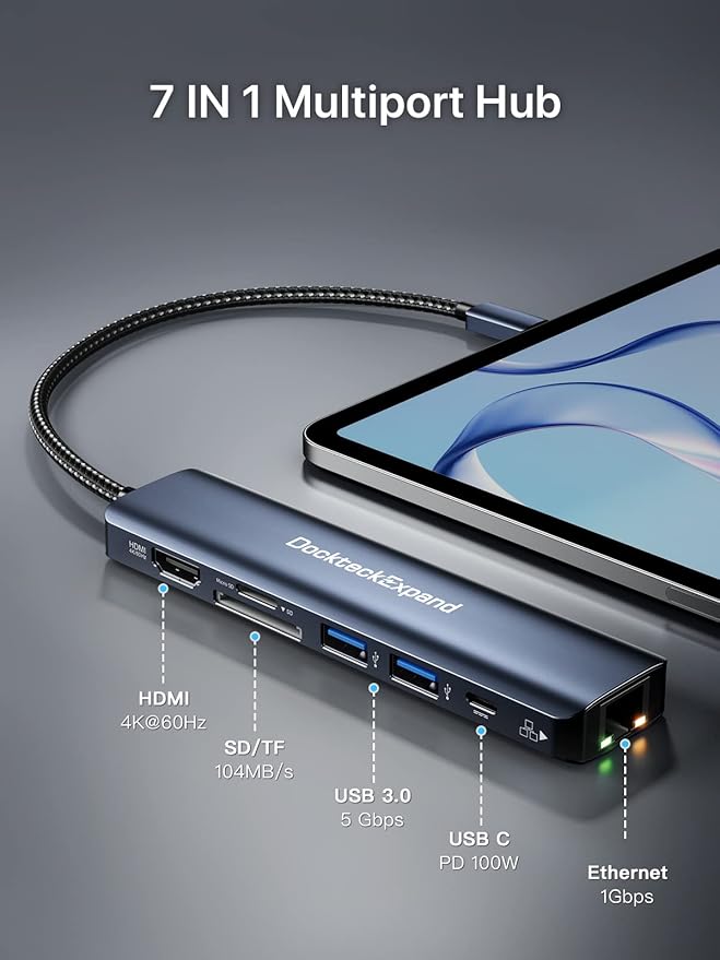 USB C Hub Ethernet, DockteckExpand 7-in-1 Multiport Adapter Type C to 4K@60Hz HDMI, Gigabit Ethernet, 100W PD Charging, 2 USB 3.0, SD/TF Card Readers, for MacBook Pro/Air, iPad Pro/Air, XPS and More