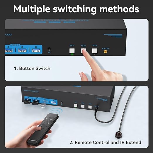 4K144Hz HDMI + 2 Displayport KVM Switch 3 Monitors 3 Computers 8K USB 3.0 KVM Switches Triple Monitor for 3 Computer Share 3 Screens and 4 USB 3.0 Ports Support Extended/Copy Mode