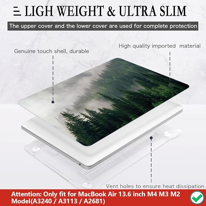 CISSOOK Compatible with MacBook Air 13.6 inch Case A3240 A3113 A2681 2025 2024 2022 Release, Forest Hard Shell Case with Keyboard Cover Type C to USB Transfer for MacBook Air 13.6 M2 M3 M4, Forest