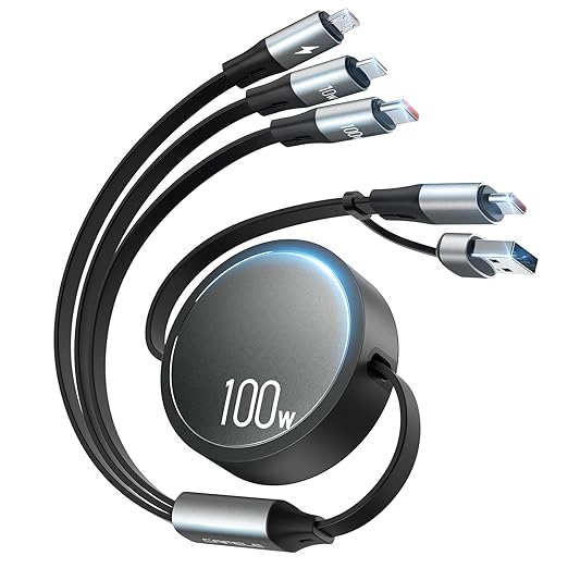 CAFELE 100W Retractable USB C Cable, 6-in-1 Multi Charging Cable, USB A/C 5A Fast Charger Cord for Multiple Devices with Type C/L/Micro Ports for Phone 16 15 14 Pro Max, S24/S23, McBook, Pad (3.6ft)