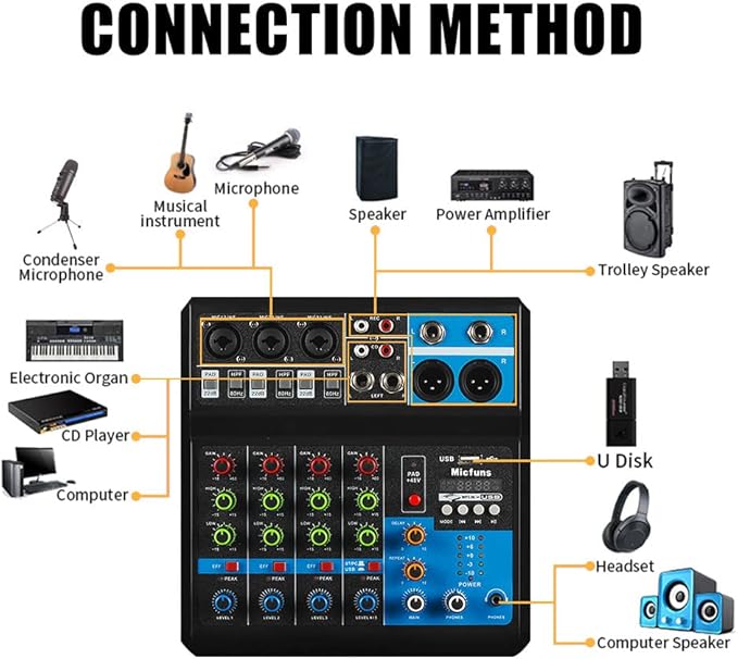 Mini audio DJ mixer Sound Board Console System,5 Channel 48V Phantom Power with Bluetooth USB MP3 Stereo live DJ Studio Streaming for professional recording party KTV stage