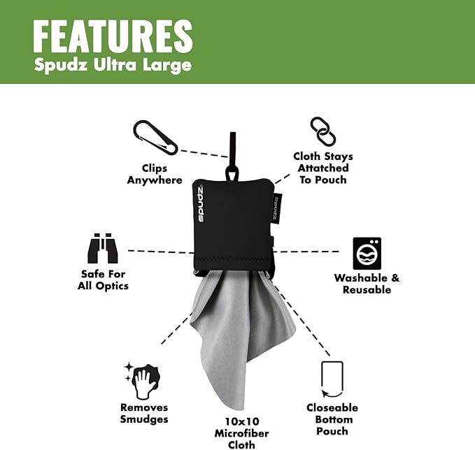 SPUDZ Ultra Microfiber Lens Cleaner – Closable Pouch, Clip-On, Washable – for Optics, Scopes, Glasses | Alpine Mountain Camo, 10 x 10 Inch