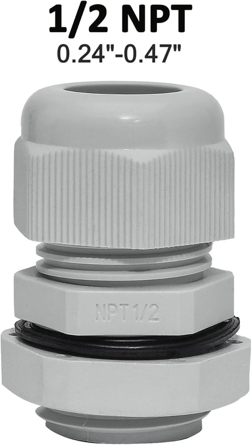10 Pcs 1/2" NPT Nylon Cable Glands, IP68 Waterproof Adjustable Cord Grip Cable Connector Strain Relief Wire Protectors for 6-12mm Cable Diameter, Grey