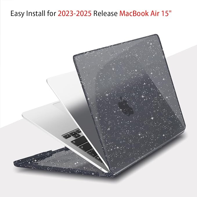 Teryeefi Sparkly Case for M4/M3/M2 MacBook Air 15 inch Case 2025 2024 2023 Model A3241/A3114/A2941, Laptop Hard Shell with Keyboard Cover&OTG Adapter& Screen Protector, Glitter Black