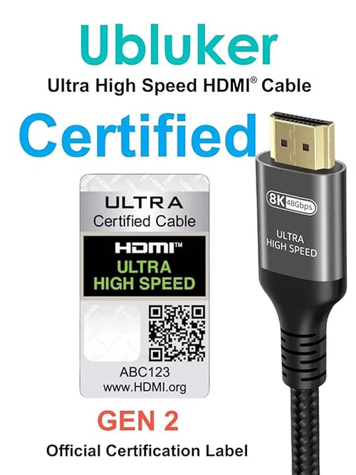 10K 8K 4K HDMI Cable 48Gbps 25 FT, Certified Ultra High Speed HDMI® Cable 4K 240Hz 144Hz 120Hz 8K60Hz 0.01ms HDR10+ eARC HDCP2.3 Netflix Roku TV PC Monitor Projector PS5 Xbox