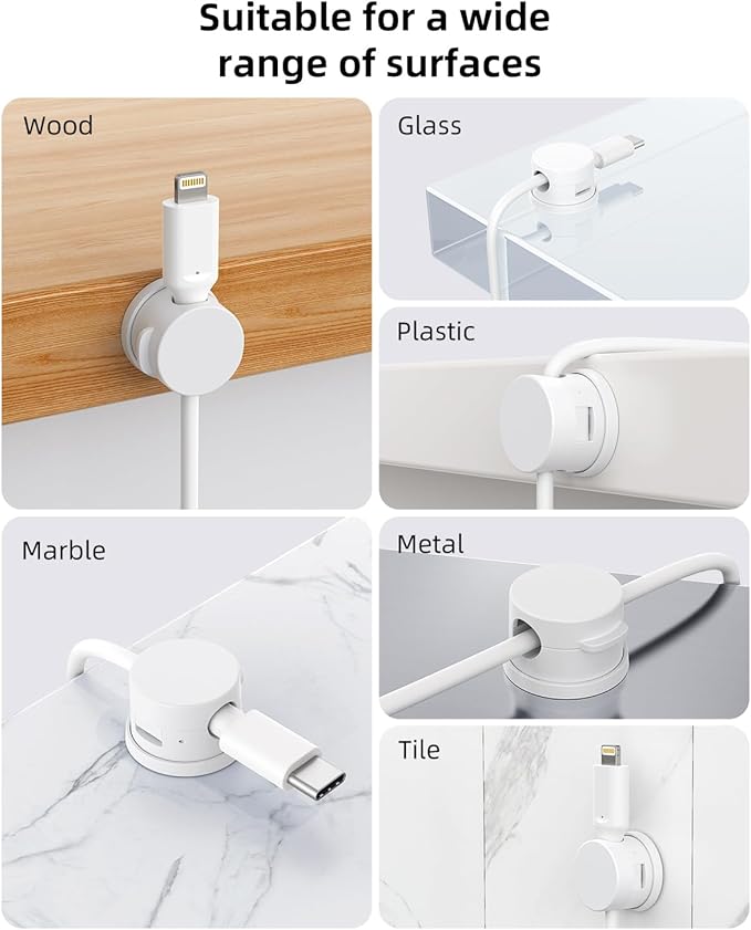 Cord Organizer, Rotatable Cable Organizer 8 Pack, No-Residue Adhesive Spring Cable Clips, Cord Holder for Nightstand, Kitchen, Office Accessories and Car (White)
