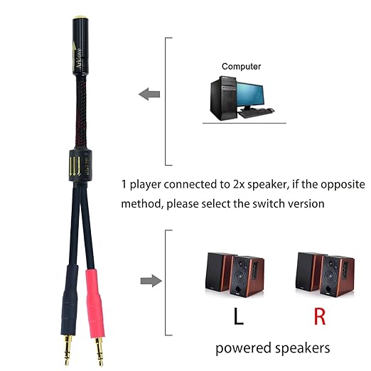 Arklove 3ft Shielded 1/8" aux Input 3.5mm Female to 2X 3.5 Output Splitter Stereo Audio Video Cable Out 3.5 Male to Two 3.5 Male in Dual Speaker Cord 24k Gold Plated