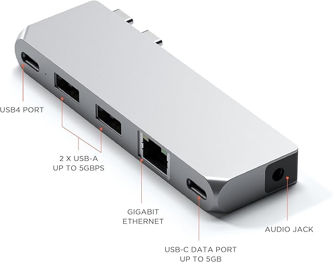 Satechi USB C Hub Multiport Adapter Pro Hub Mini, USBC Dongle with USB4 Port, USB C Data, 2 USB-A Data, Ethernet, Audio Jack, for MacBook Pro/Air M1 M2 M3 - Silver