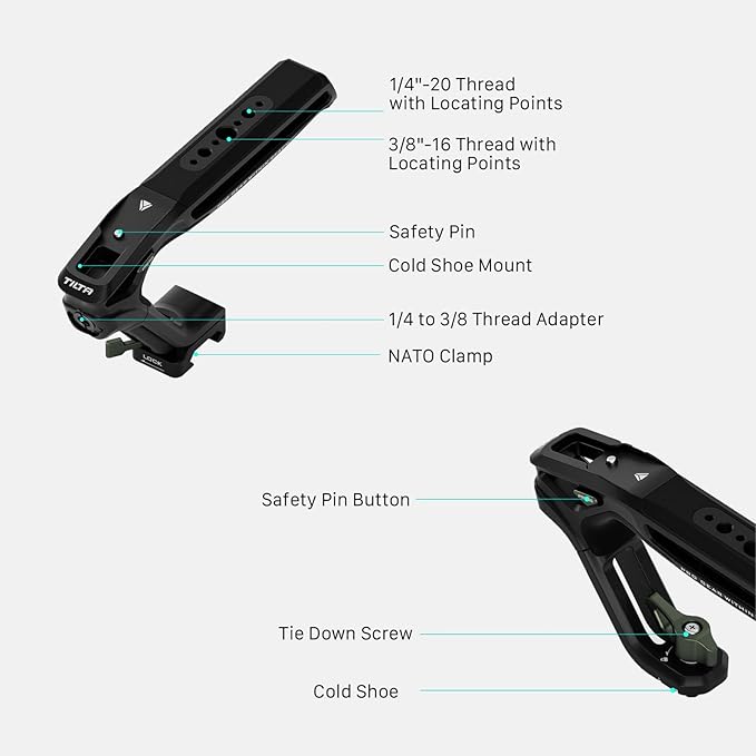 Tilta Xeno Top Handle for Filmmakers & Cameras-Titanium Gray | Aluminum Alloy and Silicone Build | 1/4″-20 Threads w/Locating Points | Safety Release Pin | Comfortable Handling (Dual 1/4"-20)