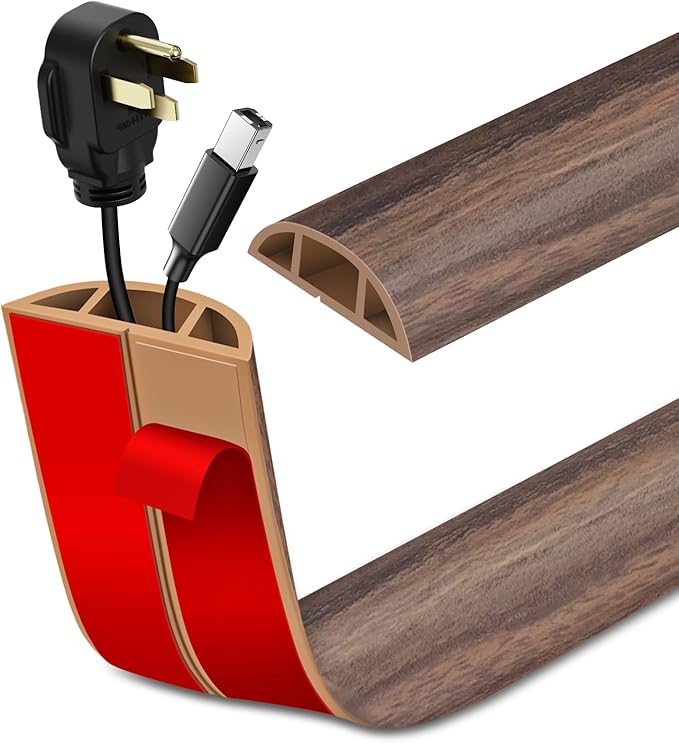 Floor Cord Cover Self Adhesive Cord Hider Floor Extension Cord Covers for Floor Power Cord Protector Cable Management Prevent Cable Trips Cable Cavity 0.51" W x 0.31" H (Smoked Brown Wood, 10Ft)