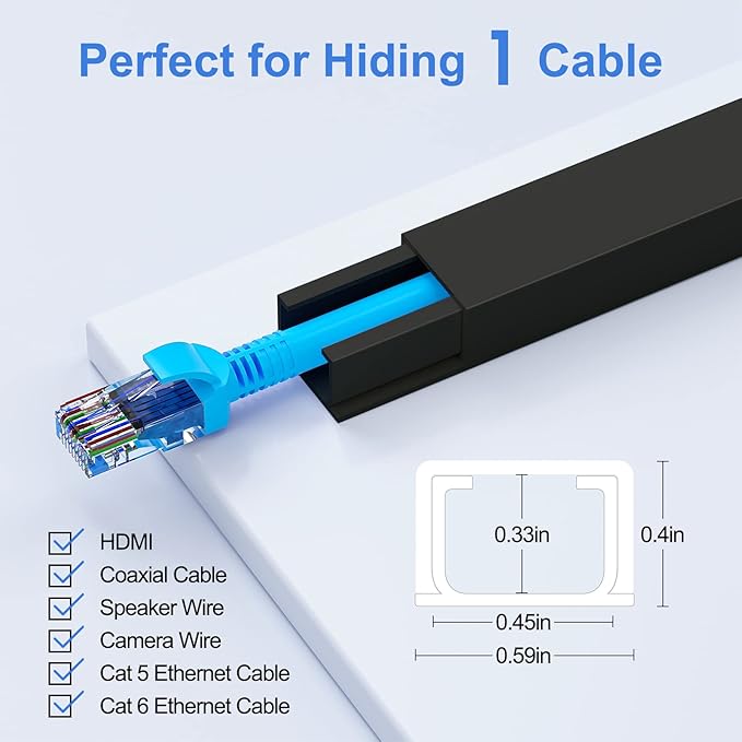 Yecaye Black Cord Hider, One-Cord Channel Cord Cover on Wall, Cable Management Kit, Wire Covers for Cords, Cable Raceway, W0.59in H0.4in, Black