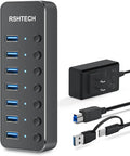 Powered UBS Hub, RSHTECH 7 Port USB 3.0/USB C Hub Upgraded Version Aluminum USB Splitter with 2-in-1 USB Cable,5V 3A Power Adapter and Individual Switches, USB Port Expander for Laptop/PC, RSH-ST07