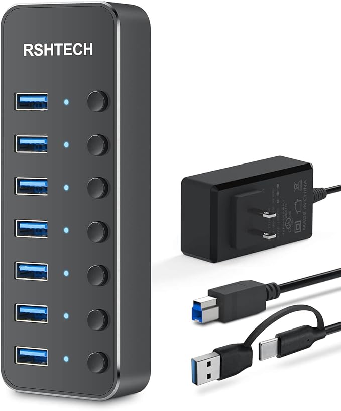 Powered UBS Hub, RSHTECH 7 Port USB 3.0/USB C Hub Upgraded Version Aluminum USB Splitter with 2-in-1 USB Cable,5V 3A Power Adapter and Individual Switches, USB Port Expander for Laptop/PC, RSH-ST07