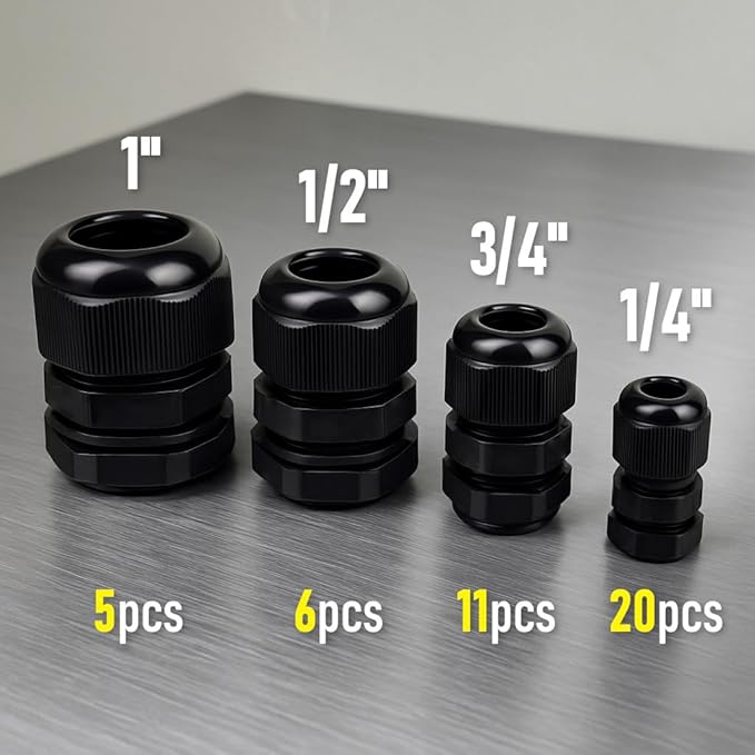 MGI SpeedWare 42 pcs NPT Strain Relief Nylon Cord Grip Cable Glands Assorted Kit, Black Plastic Grommet 1/4" 1/2" 3/4" and 1"