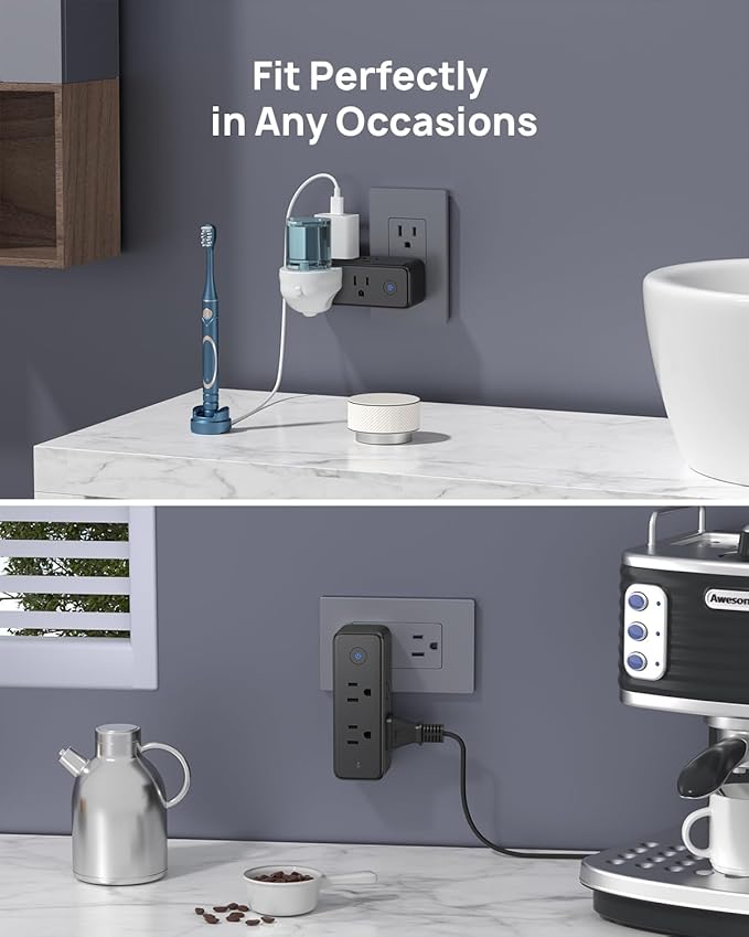 TROND Outlet Extender Surge Protector - 6 AC Outlet Splitter with 360° Rotating Plug, 1440J Multi Plug Expander, 3 Way Swivel Plug Extension Outlet, Wall Adapter for Bathroom Kitchen Travel, Black