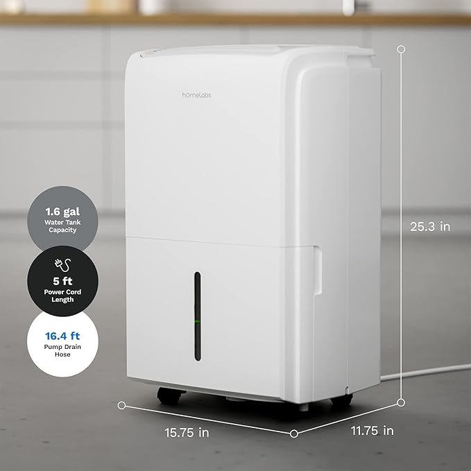 hOmeLabs 40 Pint Dehumidifier with Pump for up to 6,000 Sq Ft Rooms (MAX 104 Pint at 95°F, 90% RH) – Powerful Moisture Removal for Medium to Large Rooms and Basements