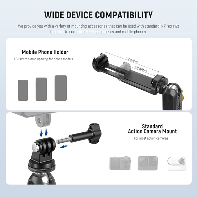 Neewer Magnetic Action Camera Car Mount Kit with Magic Arm Stand & Phone Holder Attachment Compatible with GoPro Hero 13 12 11 10 Go Pro Max DJI Action Insta360 iPhone 16 Pro Max S24 Ultra, GP-40