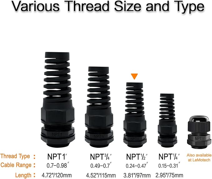 LeMotech 50Pcs NPT 1/2" IP68 Waterproof Cable Gland Flex Spiral Strain Relief Black Nylon Joint with Gaskets for 6-12mm Wire Thread