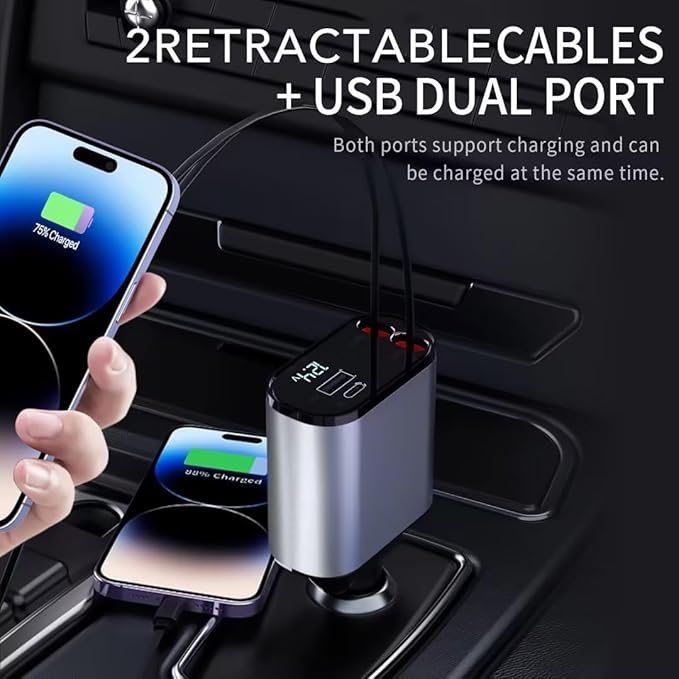 Retractable Car Charger, 4 in 1 Fast Charging 69W, Cigarette Lighter Adapter 2 Retractable iPhone Cables and USB Car Charger,Compatible with iPhone 15/14/13/12/11,Galaxy,Pixel