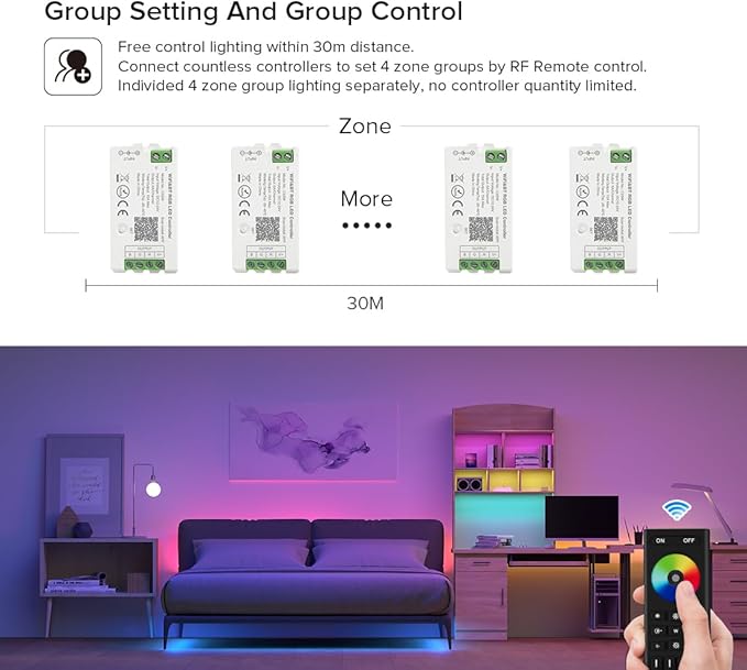 BTF-LIGHTING 5050SMD FCOB COB RGBCCT RF 2.4GHz Wireless Remote RC03RFB &3PCS C05RF Tuya Controller Kit 4 Zones Group Control PWM RGBWW (+ R G B C W) 6pin LED Strip DC5V DC12V DC24V