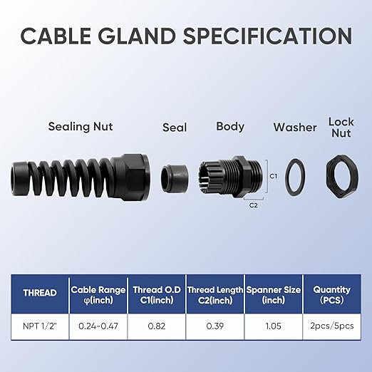 Strain Relief Cord Connector,LISTENJIALE 2Pcs NPT 1/2" Waterproof Cable Gland Flex Spiral Strain Relief Adjustable 6-12mm Cable Connector Nylon Joint with Gaskets(Black)