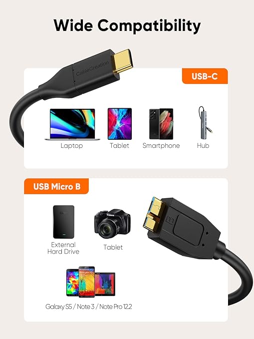 CableCreation 2FT USB C to Micro B Cable,10Gbps Speed External Hard Drive Braided,USB 3.1 Type C to Micro B Work for iPhone 15/16,Seagate WD Westgate My Passport,MacBook Pro/Air, iPad/Tablet,Black