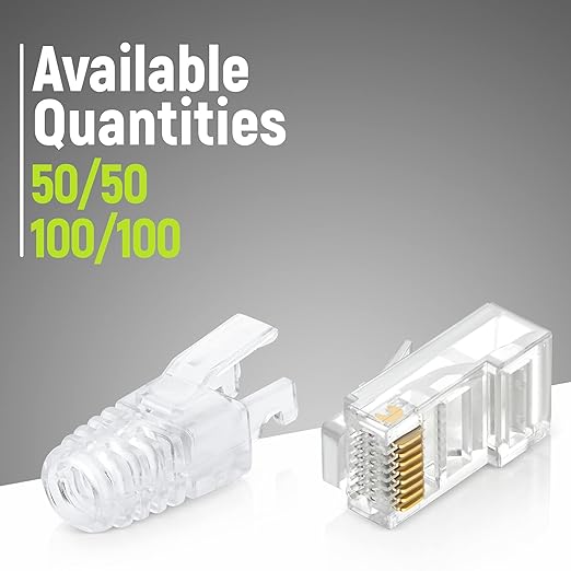 GTZ RJ45 Cat6 Pass Through Connectors and Strain Relief Boots - Pack of 50/50 - EZ to Crimp Modular Plug for Solid or Stranded UTP Network Cable