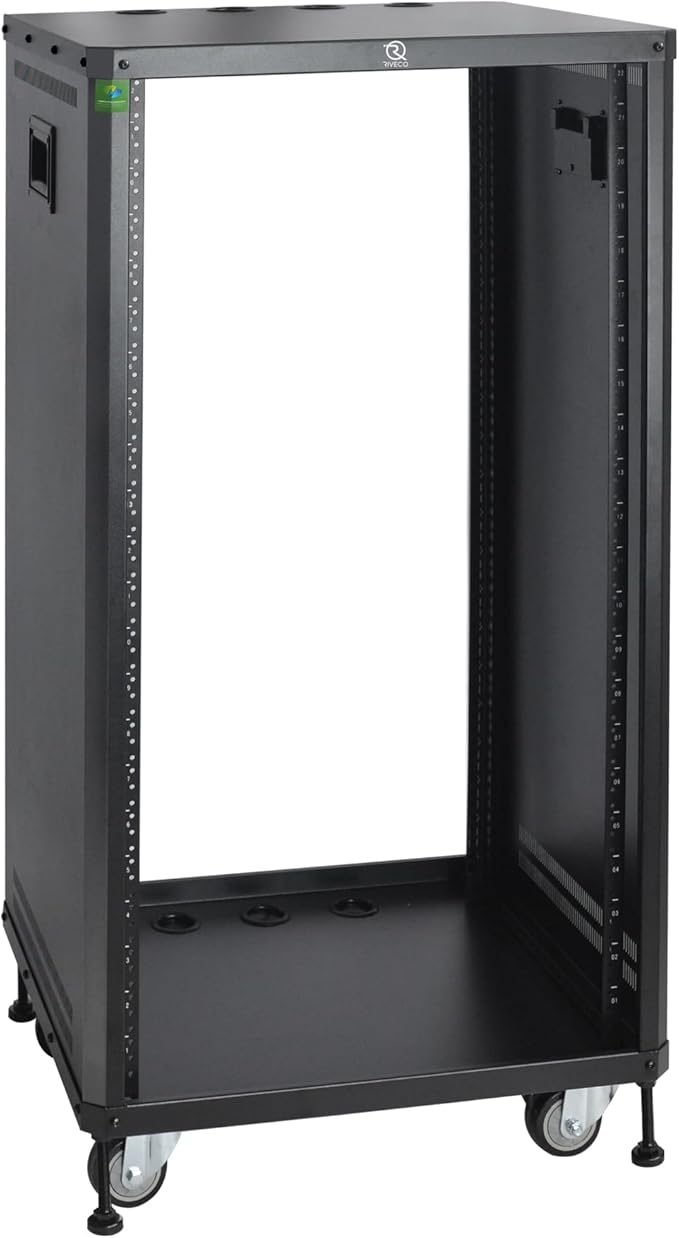 RIVECO POMU 22U Stereo & Server Rack with Caster Wheels, Rolling Network Cabinet, Open Frame Rack for 19-inch Audio Video Music Recording & IT Equipment, Obtuse Angel, Lifting Handle