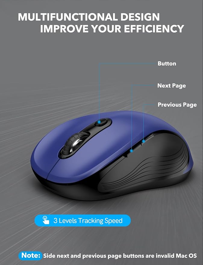 Trueque Wireless Mouse for Laptop, 2.4GHz Ergonomic Computer Mouse with Back & Forward Buttons, 3 Adjustable DPI Levels, 6 Buttons, Optical USB Cordless Mice for Windows MacBook PC (Deep Blue)