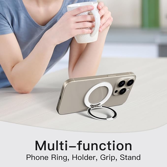 COOLQO Upgraded Magnetic Phone Ring Holder Stand, Super Magnet Cell Phone Grip Finger Kickstand Compatible with MagSafe Mag Safe Accessory for iPhone All Smartphones (1-Silver)