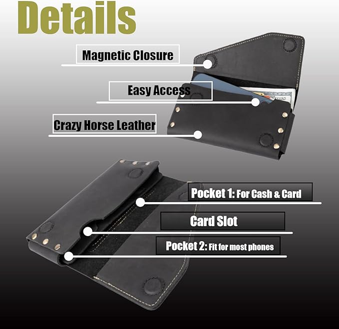 topstache Leather Phone Holster with Belt Loop, Magnetic Closure Cell Case Card Holder Wallet,Leather Pouch for iPhone 14 Pro,Galaxy S23(Fits Otterbox on) L,Black, Belt Loop-Black (C0403)