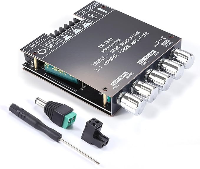 50W+50W+100W Amplifier Board with Treble and Bass Control, Bluetooth 5.0 HiFi 2.1 Channel Subwoofer Stereo Amplifier Board, Dual TPA3116D2 Chip BT and AUX Inputs for DIY Wireless Speakers (ZK-TB21)