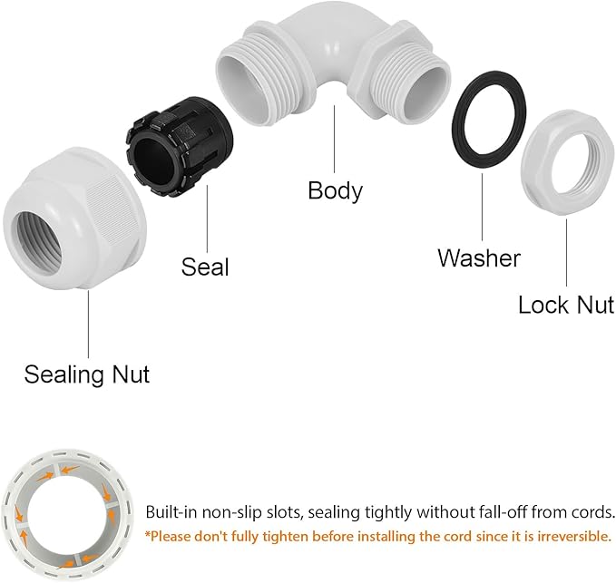 LeMotech M12 Cable Gland, 90 Degree Adjustable 4-8mm Strain Relief, Cord Connectors Nylon Joints with Gaskets, 2 Pcs, Grey